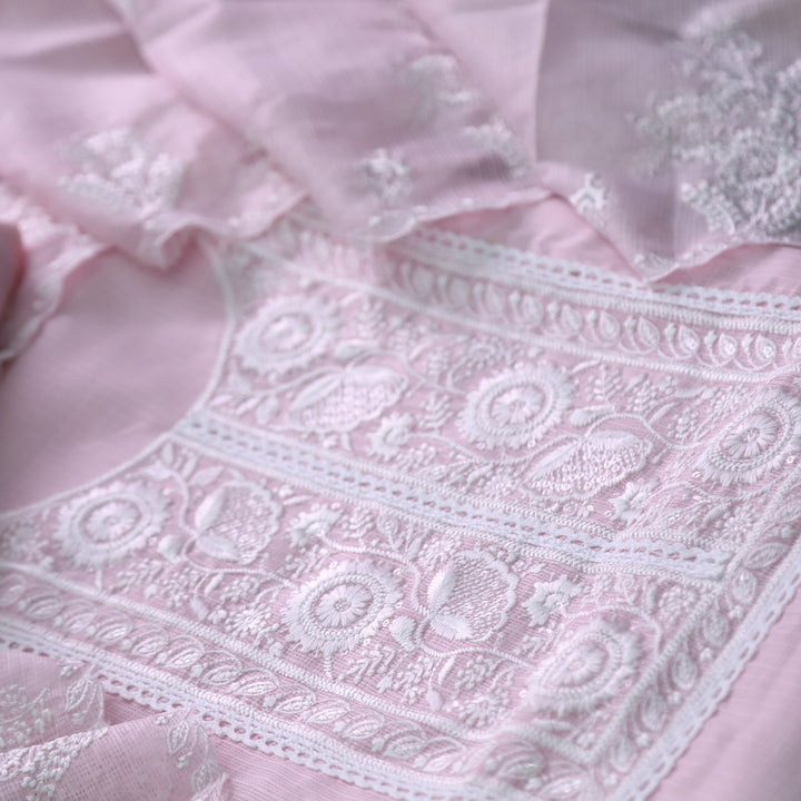Iftaari Soft Pink Floral Thread Embroidered Kota Doriya suit Set