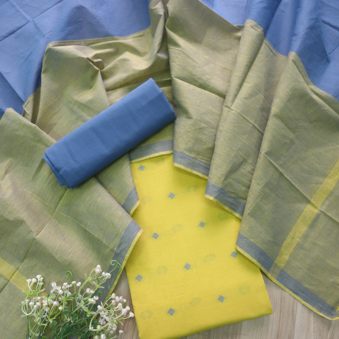 Madhubala Lemon Green All Over Thread Weaved Handloom Cotton Suit Set