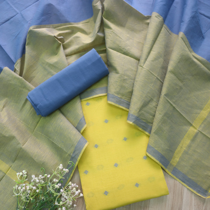 Madhubala Lemon Green All Over Thread Weaved Handloom Cotton Suit Set