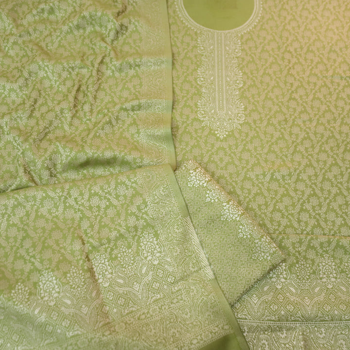 इशानी Fern Green All Over Zari Weaved in Semi Pashmina Winter Suit Set
