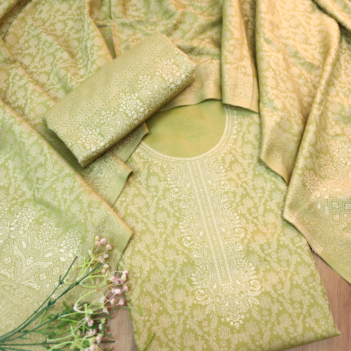 इशानी Fern Green All Over Zari Weaved in Semi Pashmina Winter Suit Set