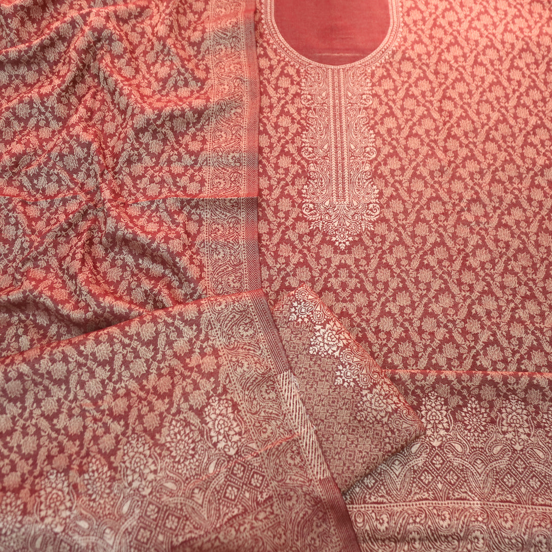 इशानी Dark Mahogany Grey All Over Zari Weaved in Semi Pashmina Winter Suit Set