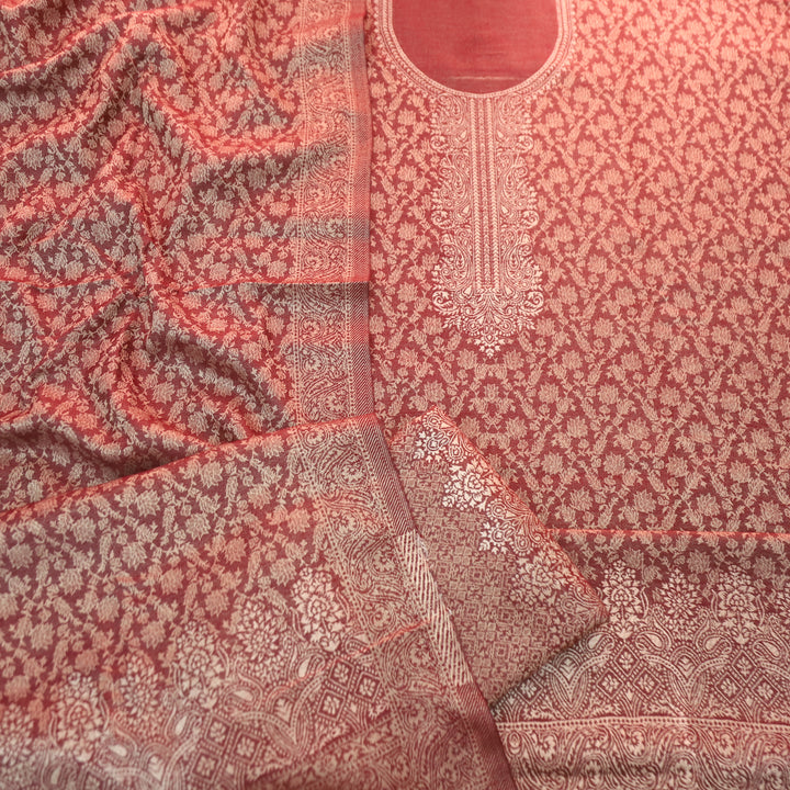 इशानी Dark Mahogany Grey All Over Zari Weaved in Semi Pashmina Winter Suit Set