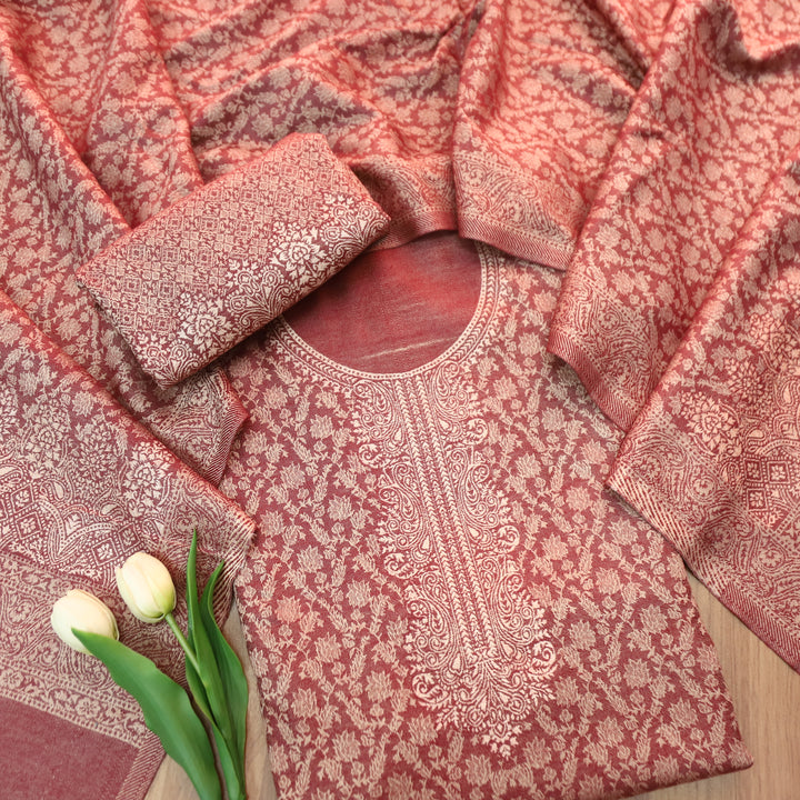 इशानी Dark Mahogany Grey All Over Zari Weaved in Semi Pashmina Winter Suit Set
