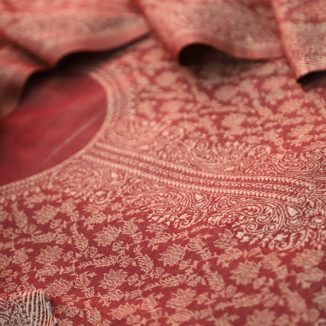 इशानी Dark Mahogany Grey All Over Zari Weaved in Semi Pashmina Winter Suit Set