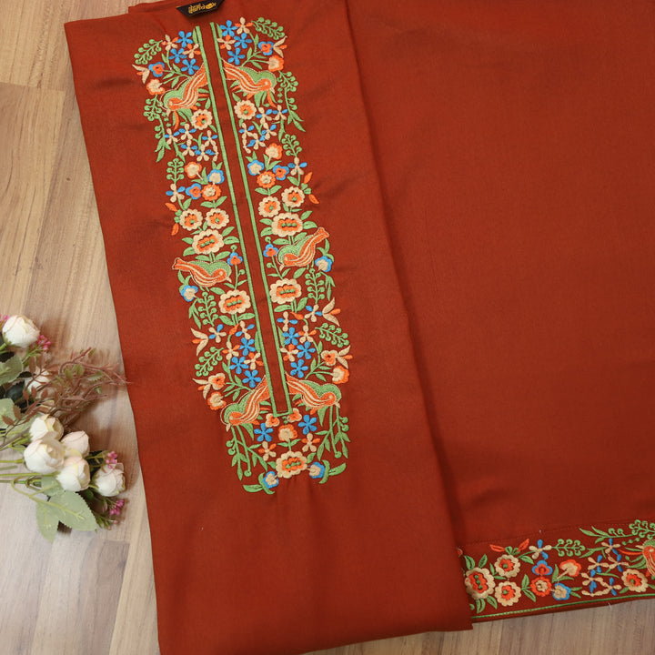 Pardesi Burnt Orange  Floral Thread Embroidered Premium Pashmina 2 Piece Set