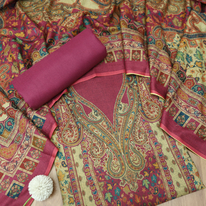 काशगिरि Magenta Pink with Elegant Digital Printed Work Semi Pashmina winter Set