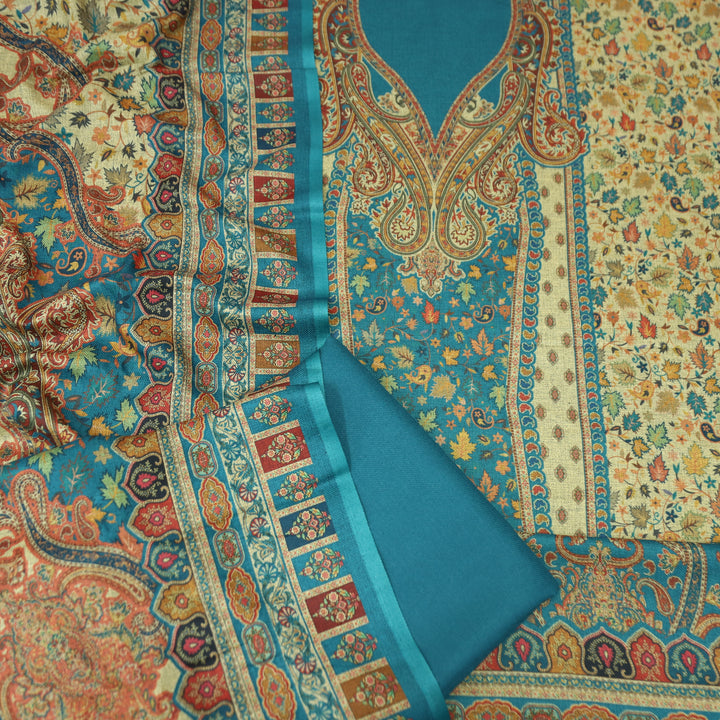 काशगिरि Cerulean Teal with Elegant Digital Printed Work Semi Pashmina winter Set