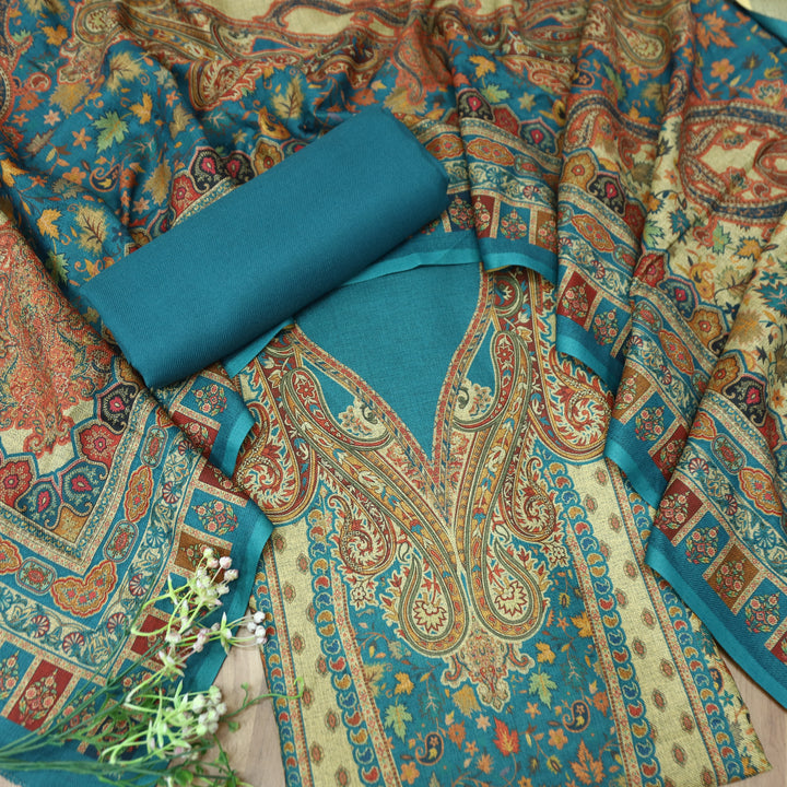 काशगिरि Cerulean Teal with Elegant Digital Printed Work Semi Pashmina winter Set