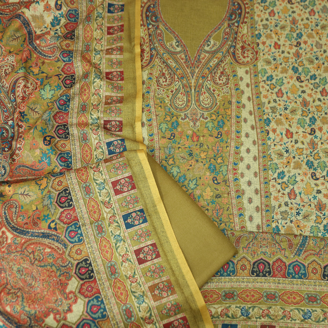 काशगिरि Olive Yellow with Elegant Digital Printed Work Semi Pashmina winter Set
