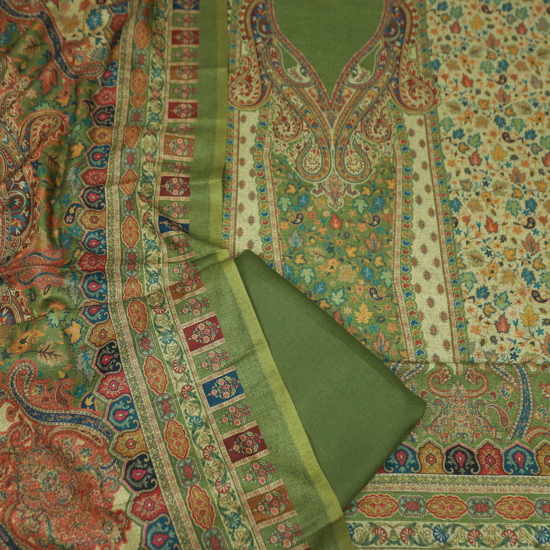 काशगिरि Grass Green with Elegant Digital Printed Work Semi Pashmina winter Set