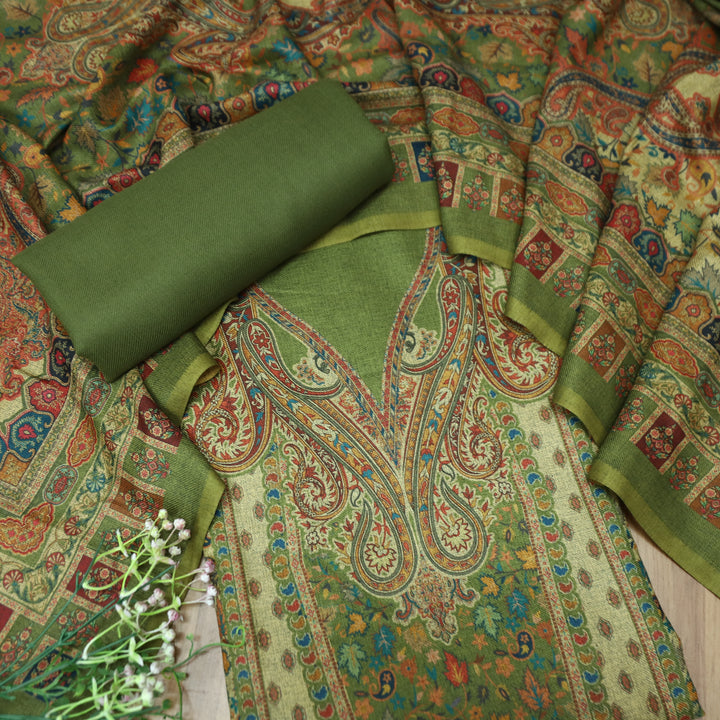 काशगिरि Grass Green with Elegant Digital Printed Work Semi Pashmina winter Set