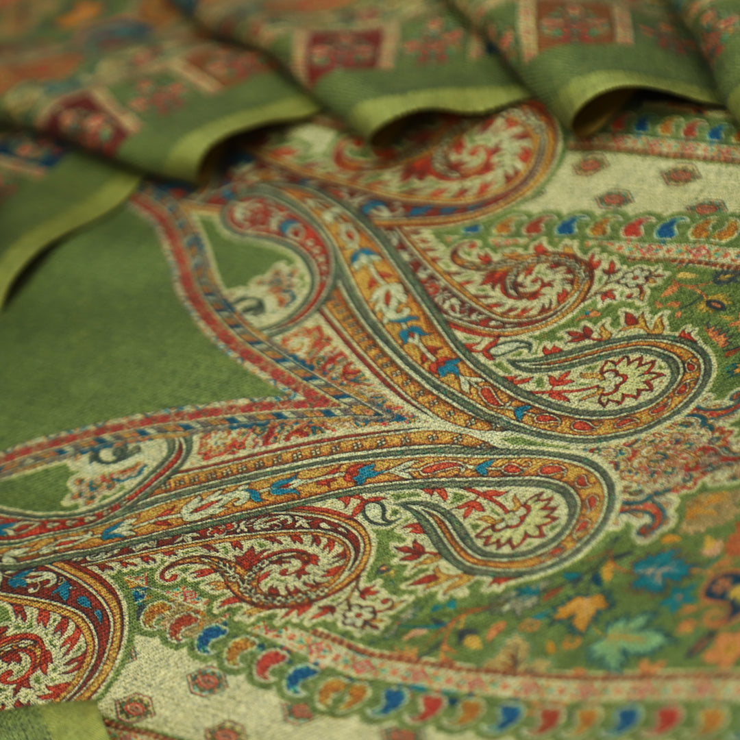 काशगिरि Grass Green with Elegant Digital Printed Work Semi Pashmina winter Set