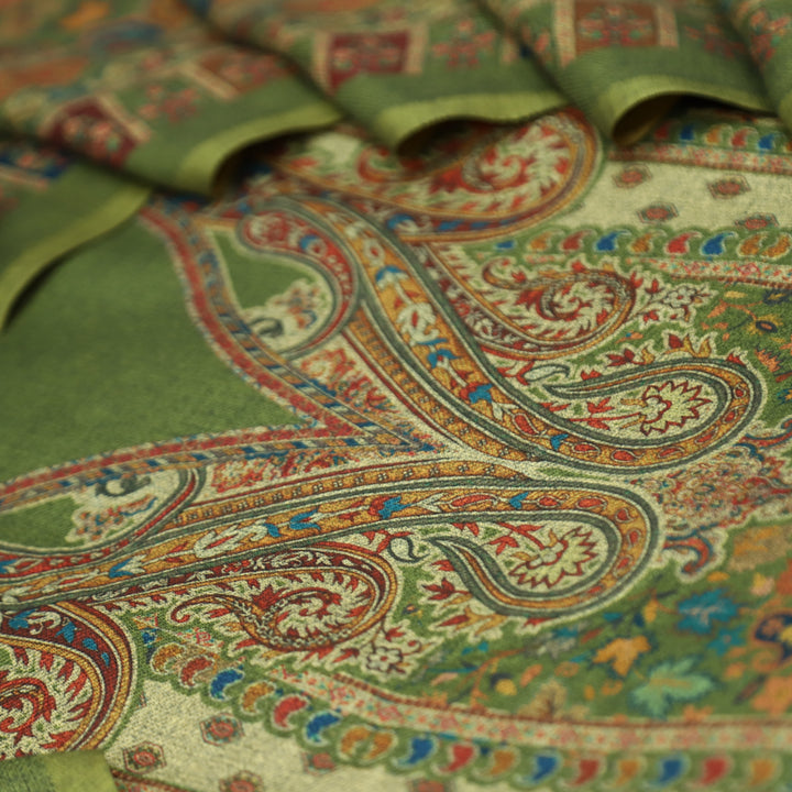 काशगिरि Grass Green with Elegant Digital Printed Work Semi Pashmina winter Set