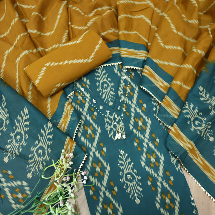 Maya Cerulen Teal V Hanging Neck with Ikkat Printed Cotton Suit Set