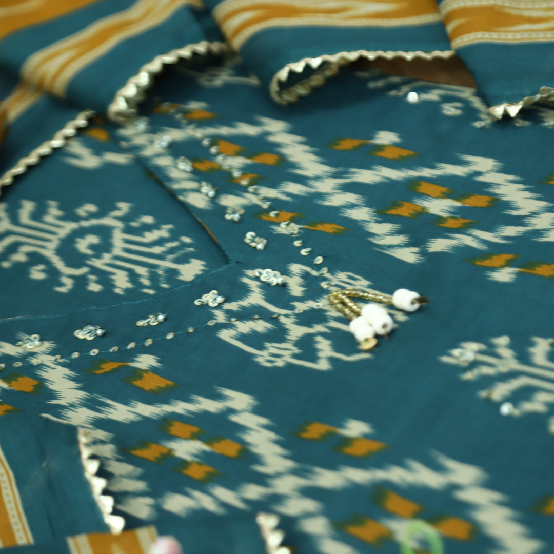 Maya Cerulen Teal V Hanging Neck with Ikkat Printed Cotton Suit Set