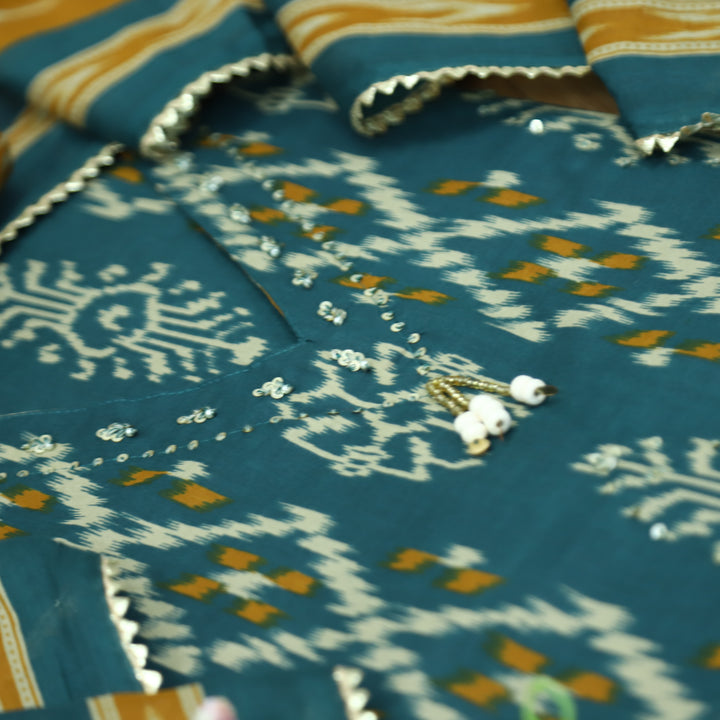 Maya Cerulen Teal V Hanging Neck with Ikkat Printed Cotton Suit Set