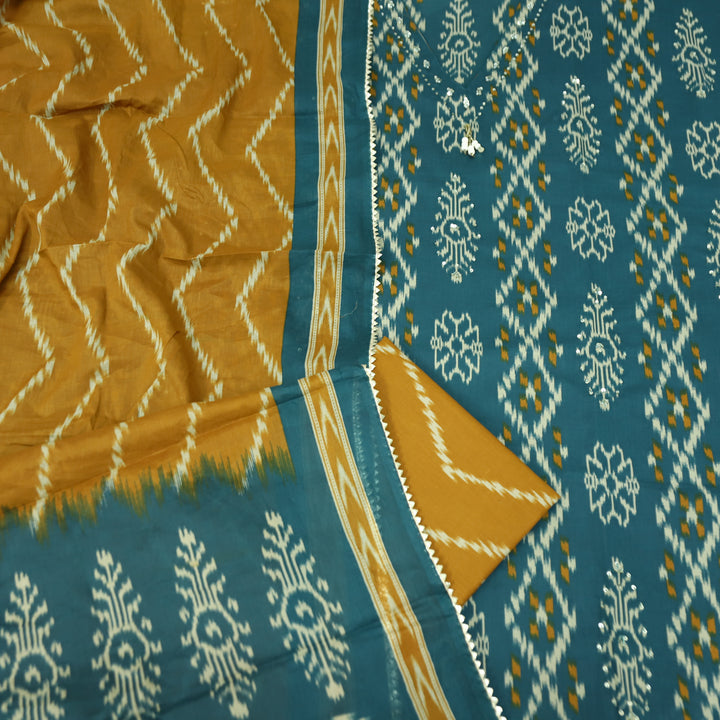 Maya Cerulen Teal V Hanging Neck with Ikkat Printed Cotton Suit Set