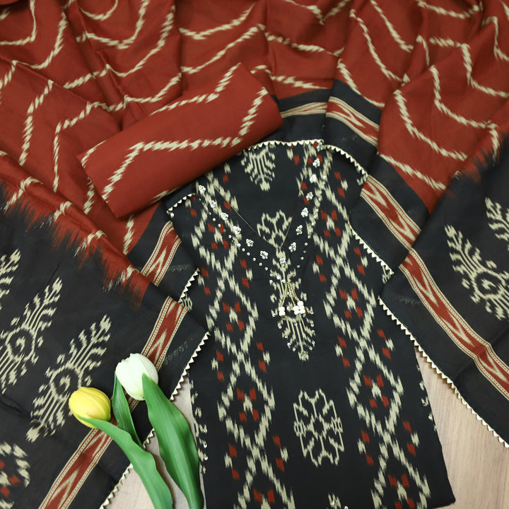 Maya Ebony Black V Hanging Neck with Ikkat Printed Cotton Suit Set