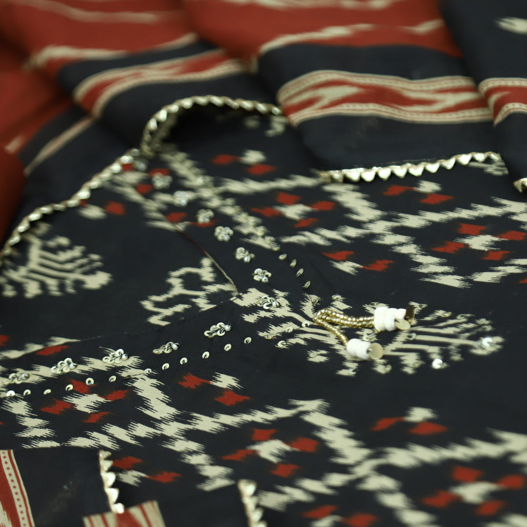 Maya Ebony Black V Hanging Neck with Ikkat Printed Cotton Suit Set