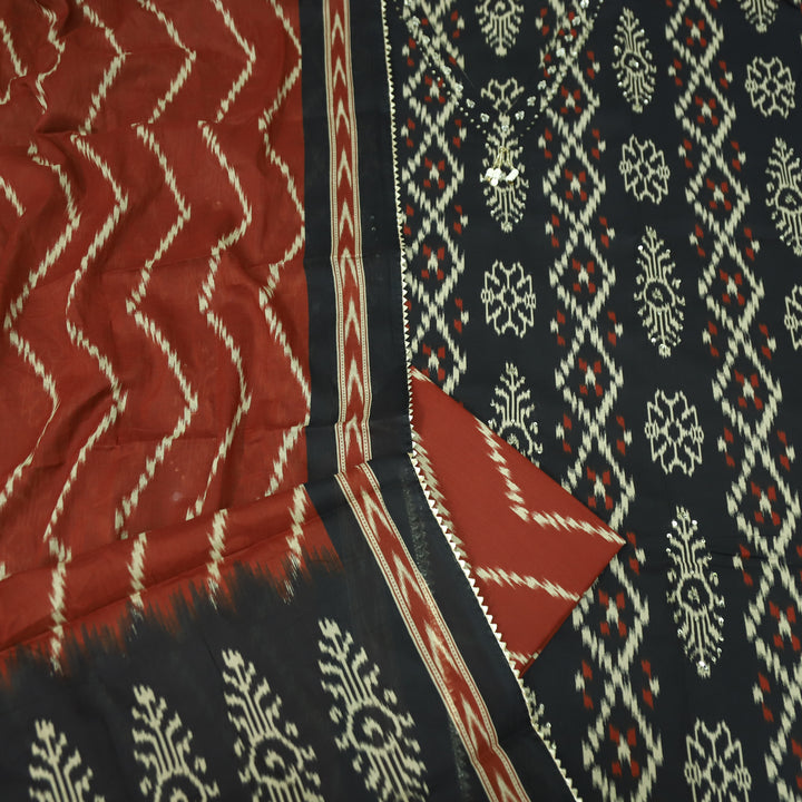 Maya Ebony Black V Hanging Neck with Ikkat Printed Cotton Suit Set