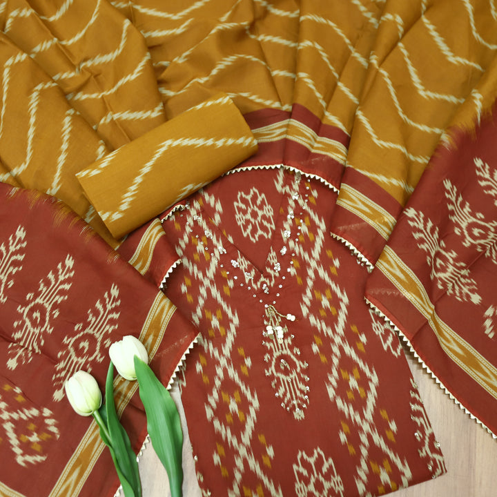 Maya Barn Rust Red V Hanging Neck with Ikkat Printed Cotton Suit Set