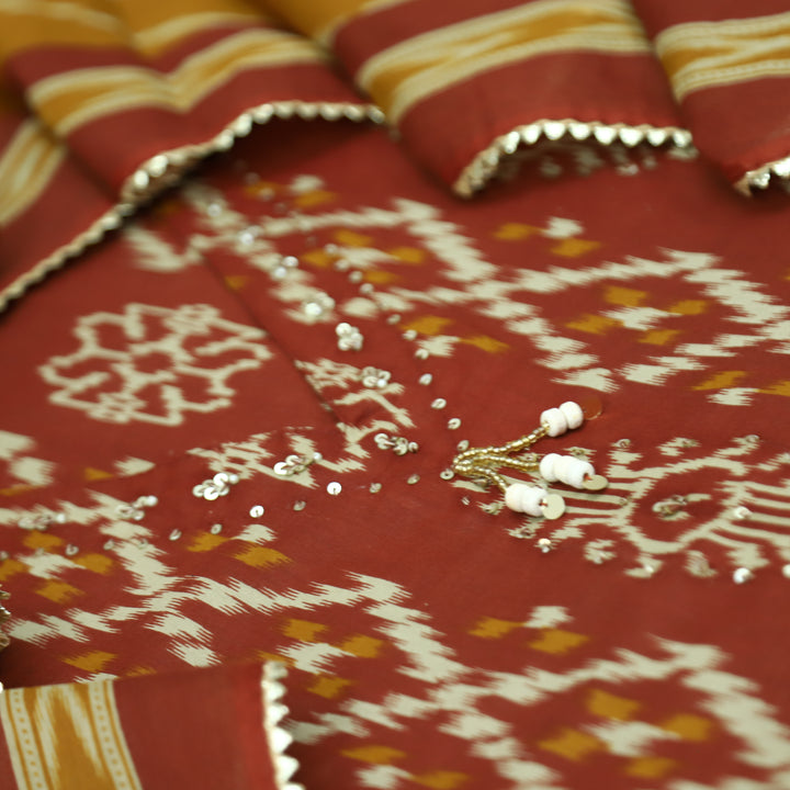 Maya Barn Rust Red V Hanging Neck with Ikkat Printed Cotton Suit Set