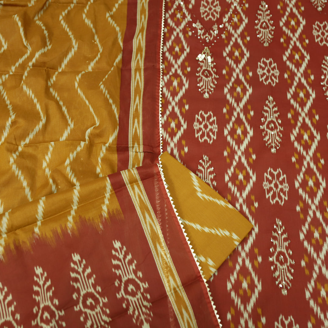 Maya Barn Rust Red V Hanging Neck with Ikkat Printed Cotton Suit Set