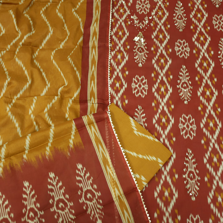 Maya Barn Rust Red V Hanging Neck with Ikkat Printed Cotton Suit Set