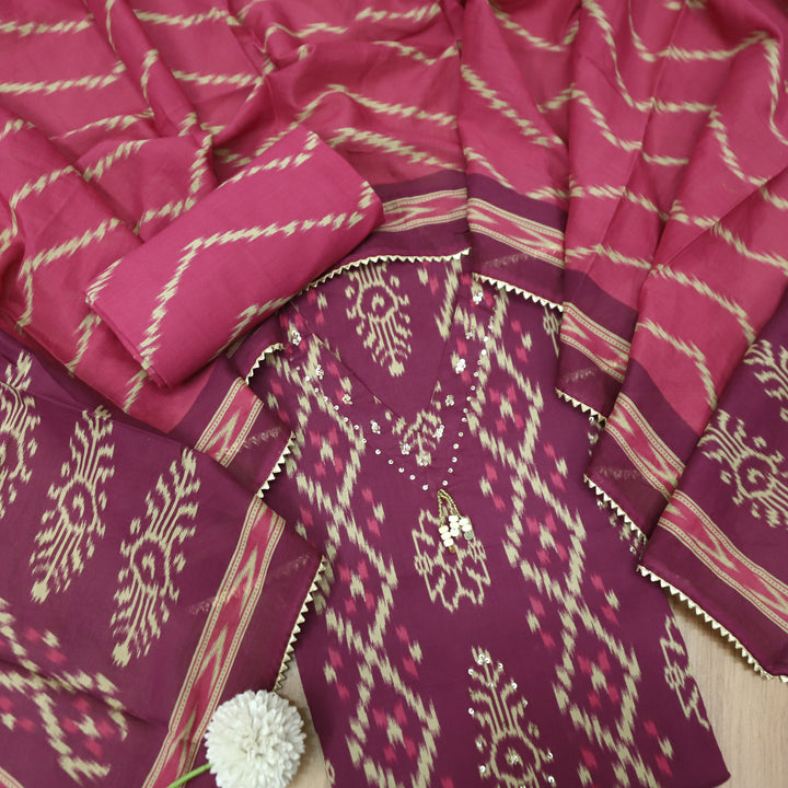 Maya Magenta Purple V Hanging Neck with Ikkat Printed Cotton Suit Set