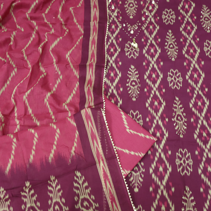 Maya Magenta Purple V Hanging Neck with Ikkat Printed Cotton Suit Set