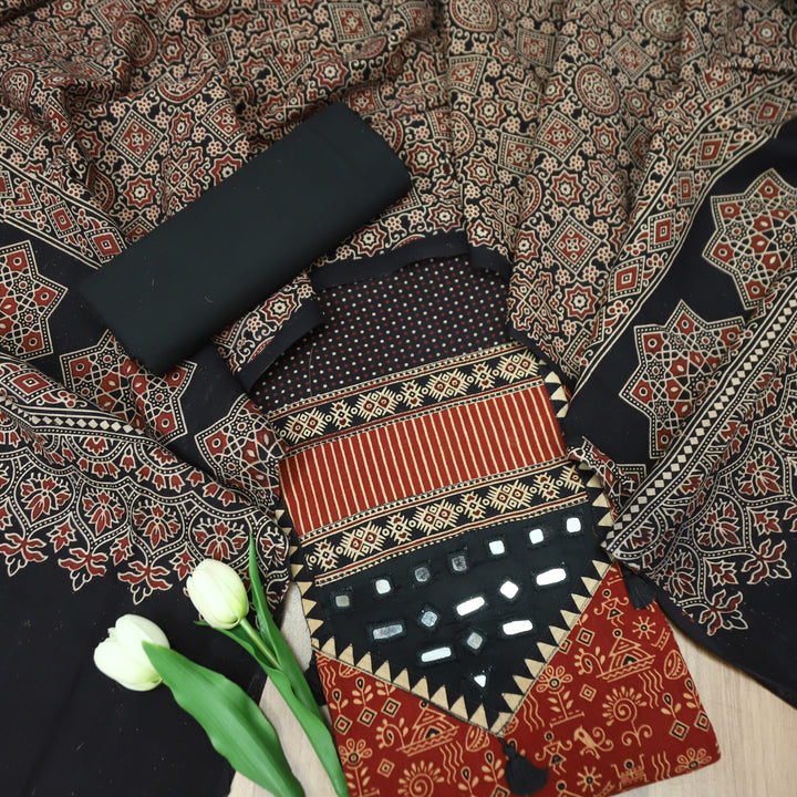 Meghna Maroon Red with Black Kutch Patch and Mirror Work in Ajrak Print Cotton Set