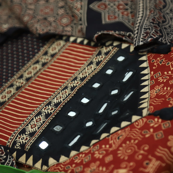 Meghna Maroon Red with Black Kutch Patch and Mirror Work in Ajrak Print Cotton Set