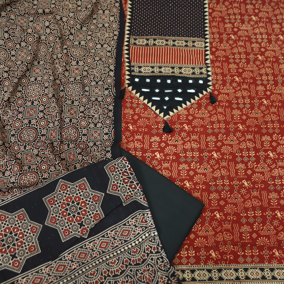 Meghna Maroon Red with Black Kutch Patch and Mirror Work in Ajrak Print Cotton Set