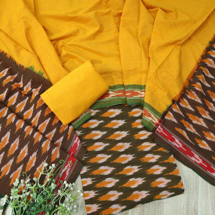 Sanskruti Faded Green With Yellow Ikkat Printed South Cotton Suit Set