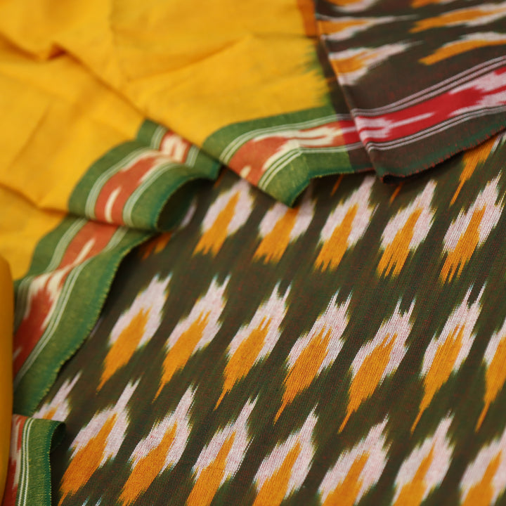 Sanskruti Faded Green With Yellow Ikkat Printed South Cotton Suit Set