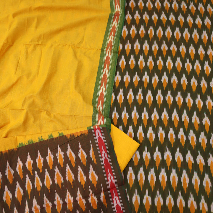 Sanskruti Faded Green With Yellow Ikkat Printed South Cotton Suit Set