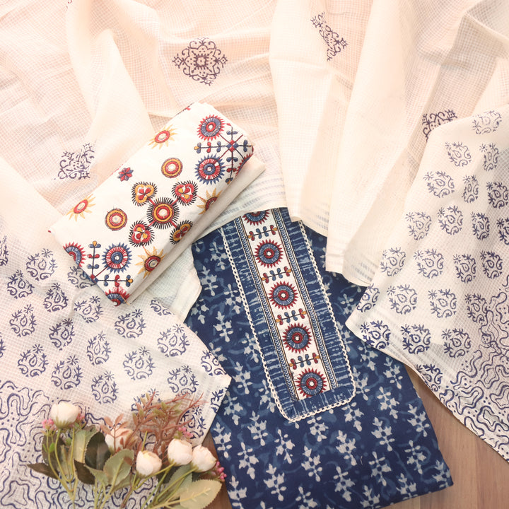 Sargoshi Indigo Blue Patch Work Dabu Printed Kutch Cotton Suit Set-D5