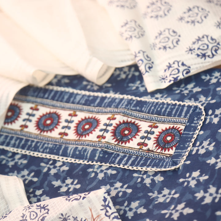 Sargoshi Indigo Blue Patch Work Dabu Printed Kutch Cotton Suit Set-D5