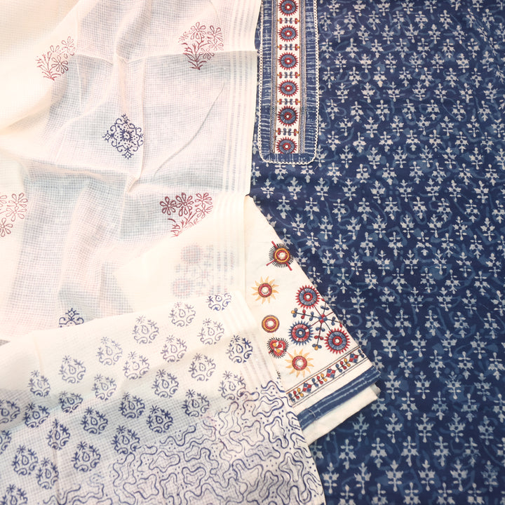 Sargoshi Indigo Blue Patch Work Dabu Printed Kutch Cotton Suit Set-D5