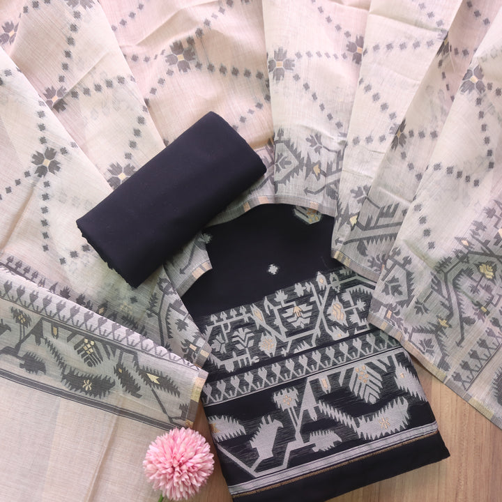 Sarang Ebony Black with Zari and Authentic Jamdani Weaved Suit Set-D2