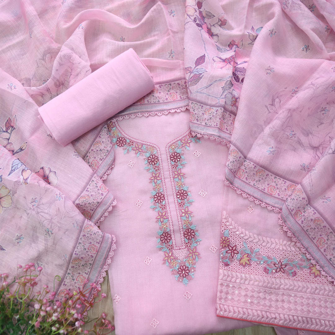 Sheesh Baby Pink Floral Embriodered Neck Work Kota Doriya Suit Set