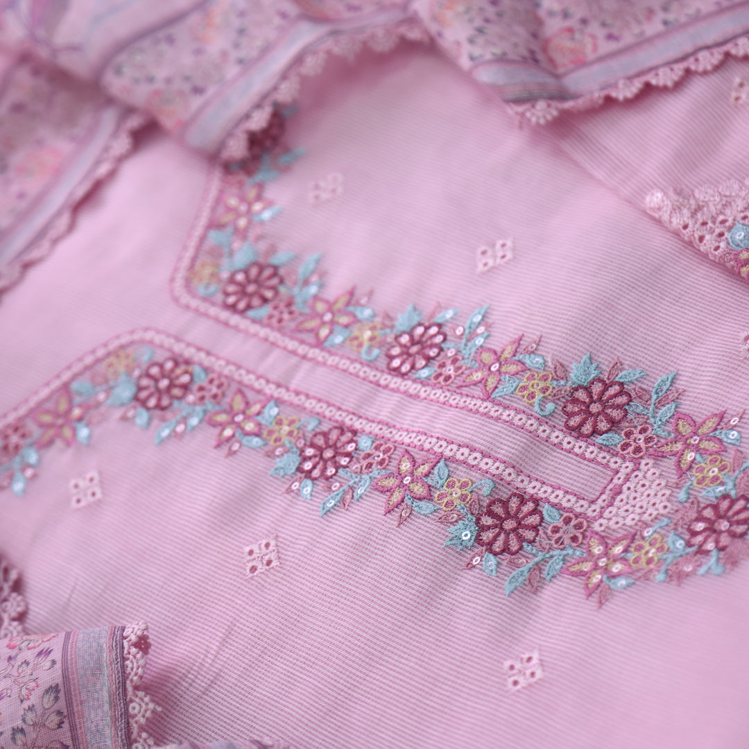 Sheesh Baby Pink Floral Embriodered Neck Work Kota Doriya Suit Set