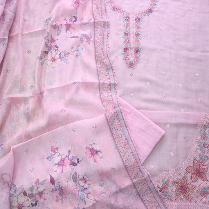 Sheesh Baby Pink Floral Embriodered Neck Work Kota Doriya Suit Set