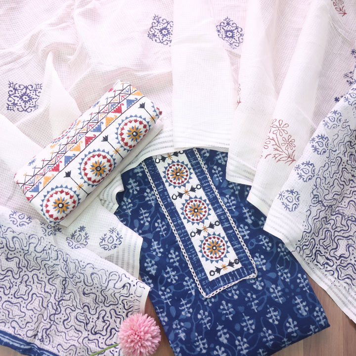 Sargoshi Indigo Blue Patch Work Dabu Printed Kutch Cotton Suit Set-D6