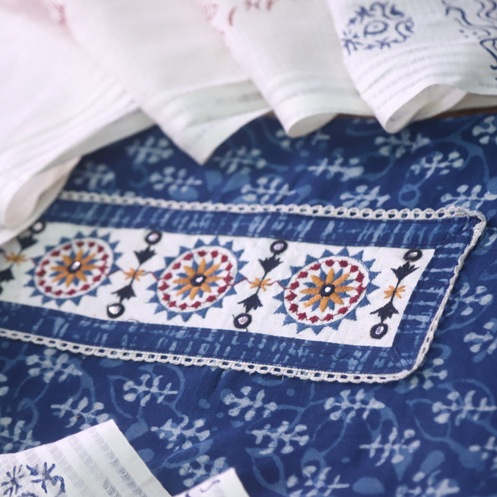 Sargoshi Indigo Blue Patch Work Dabu Printed Kutch Cotton Suit Set-D6