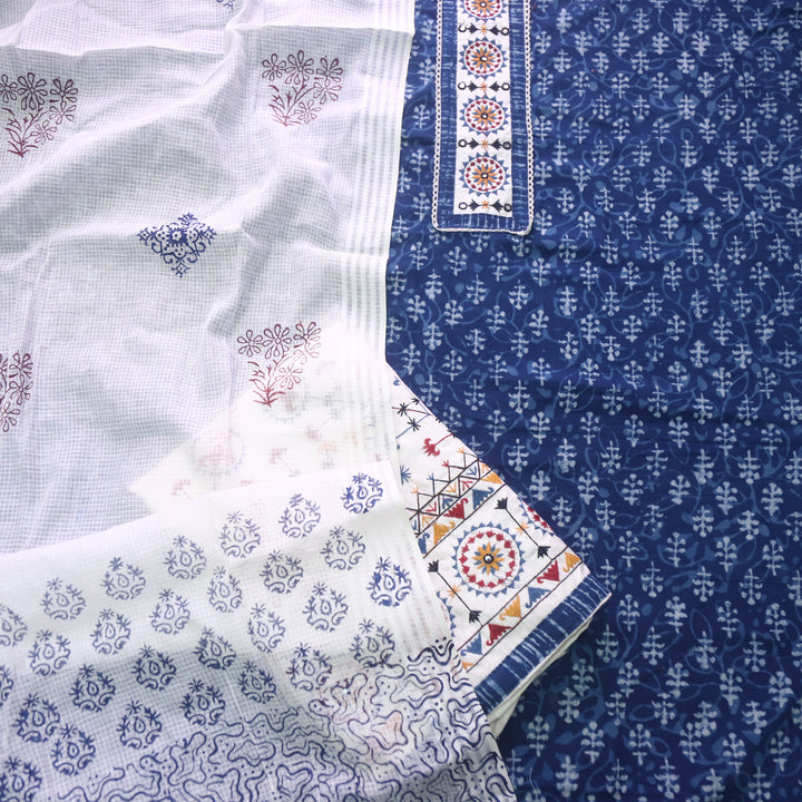 Sargoshi Indigo Blue Patch Work Dabu Printed Kutch Cotton Suit Set-D6