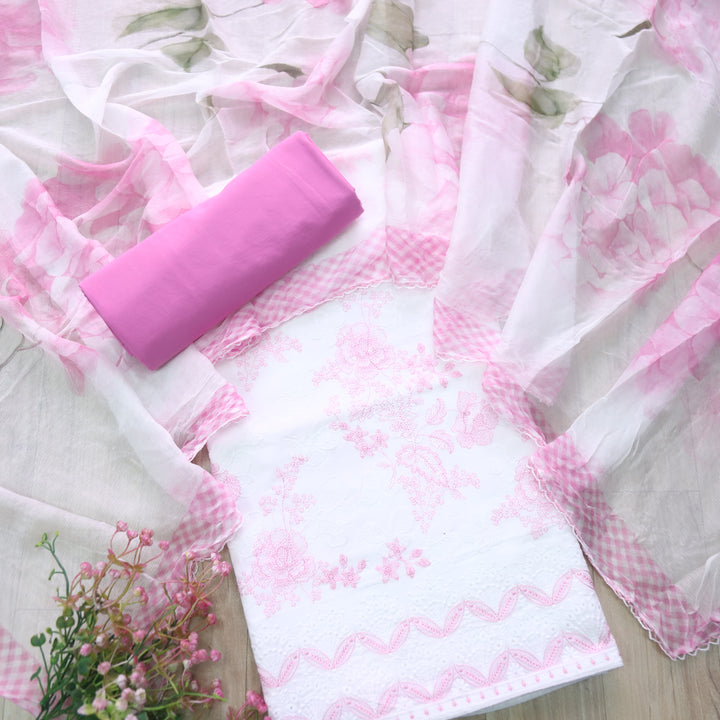Hamsafar Pearl White with All Over Pink Thread Work Cotton Suit Set