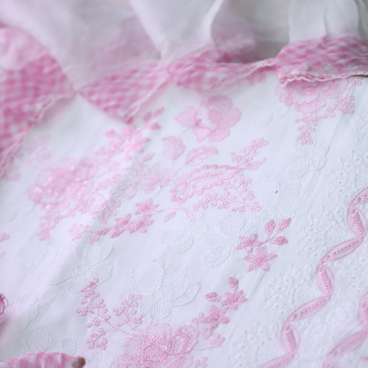 Hamsafar Pearl White with All Over Pink Thread Work Cotton Suit Set