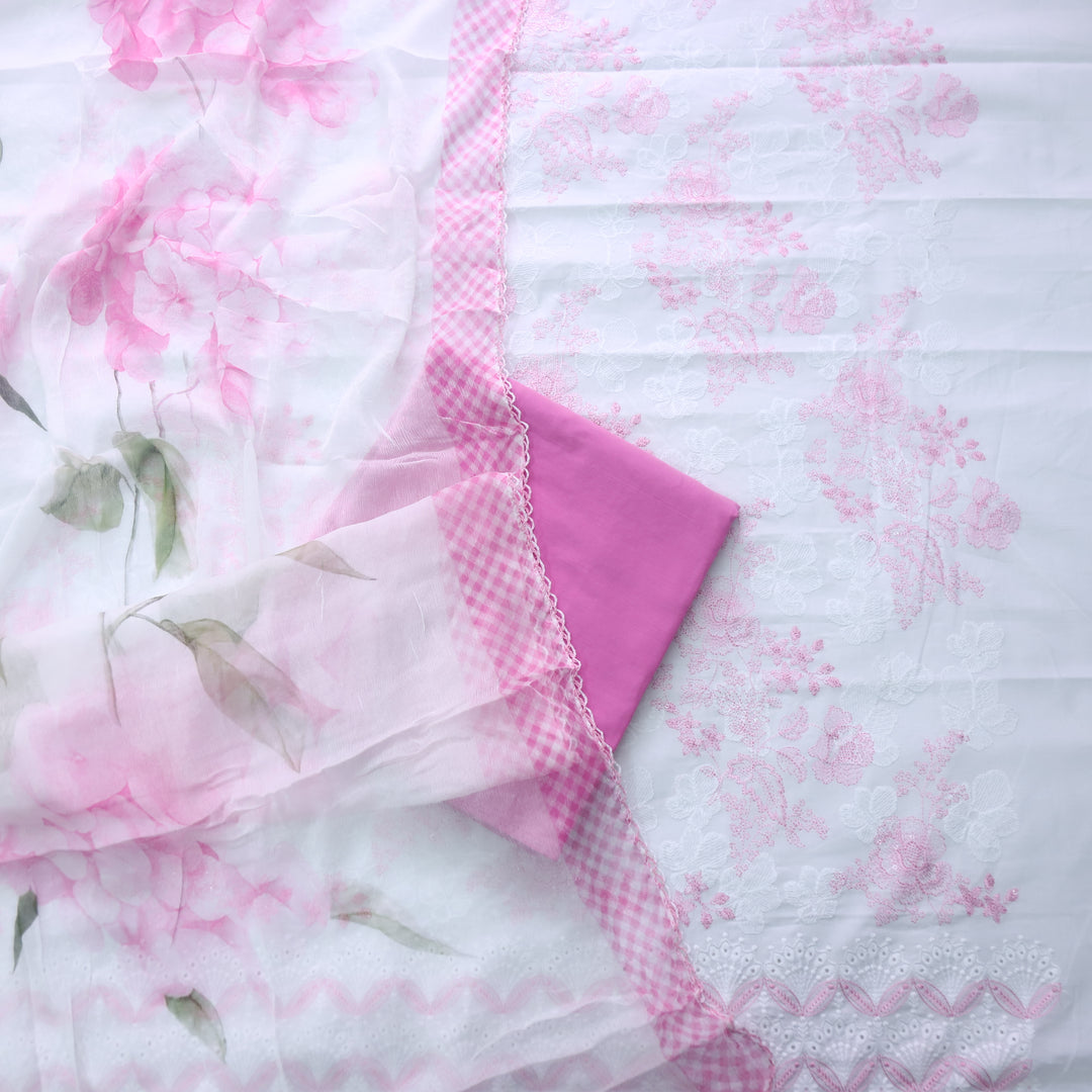 Hamsafar Pearl White with All Over Pink Thread Work Cotton Suit Set